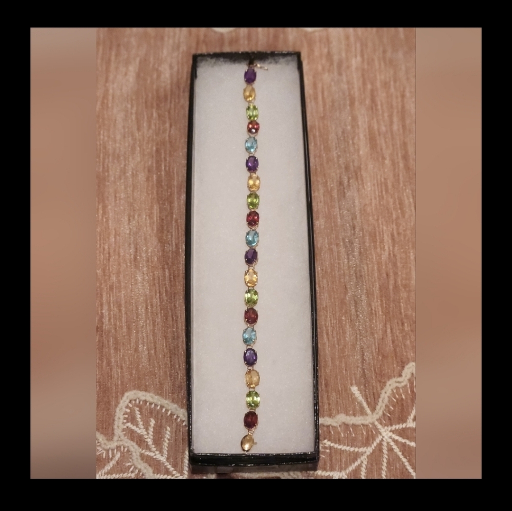 14k Solid Gold Multicolor Oval Gemstone Tennis Br… - image 2